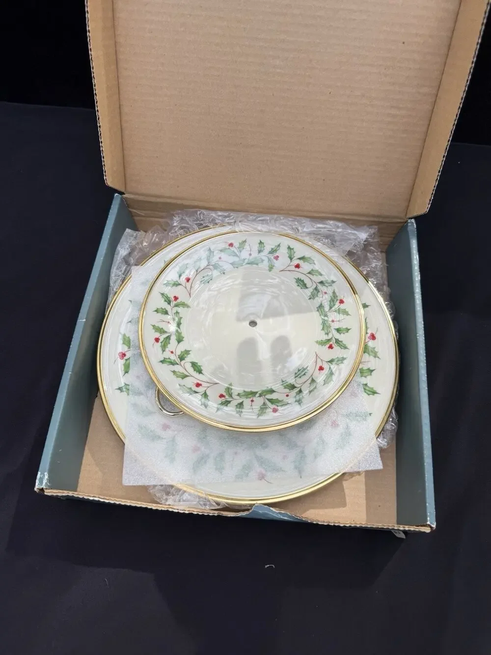 Lenox Holiday Two Tier Tidbit Dessert Stand Holly Pattern Complete Set In Box